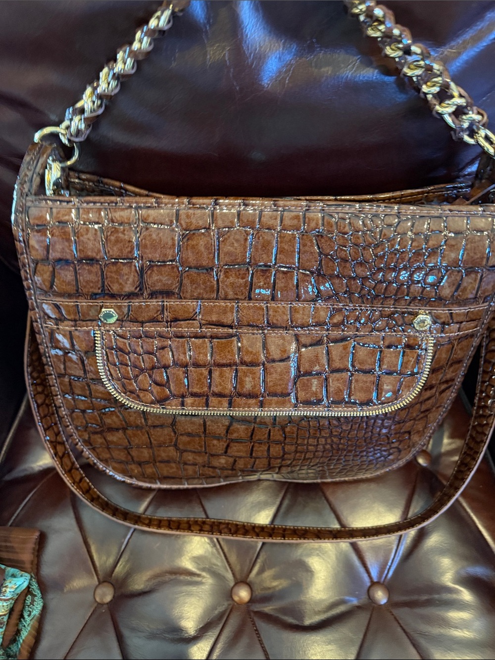 NWOT GIANNI BINI Croc-Embossed Brown Shoulder Bag with Chain Detail